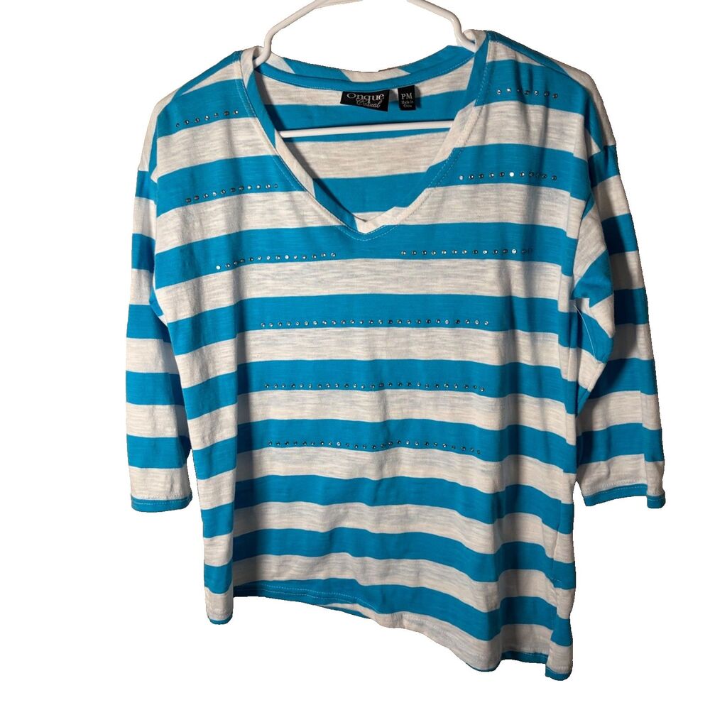 Onque Casual T-Shirt Women's Petite Medium V-Neck Blue Striped Rhinestone Top